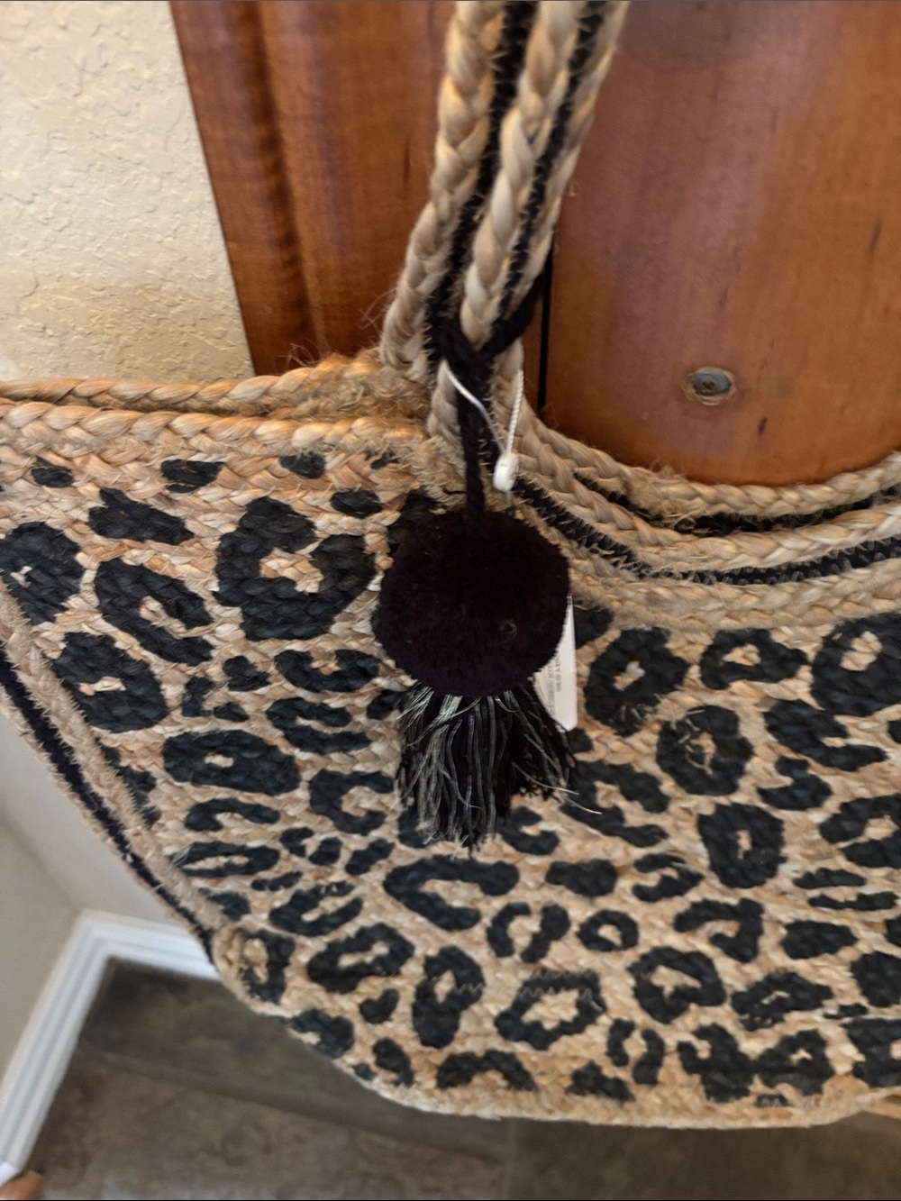 Leopard Print Jute Tote Bag - Black and Beige With Tassel - Picture 3 of 7